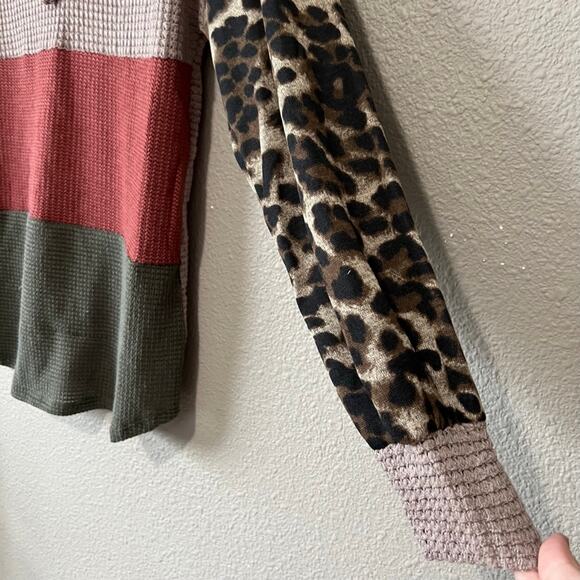 Leopard Animal Print Balloon Sleeve Waffle Knit Color Blocking Fall Blouse - Picture 8 of 10